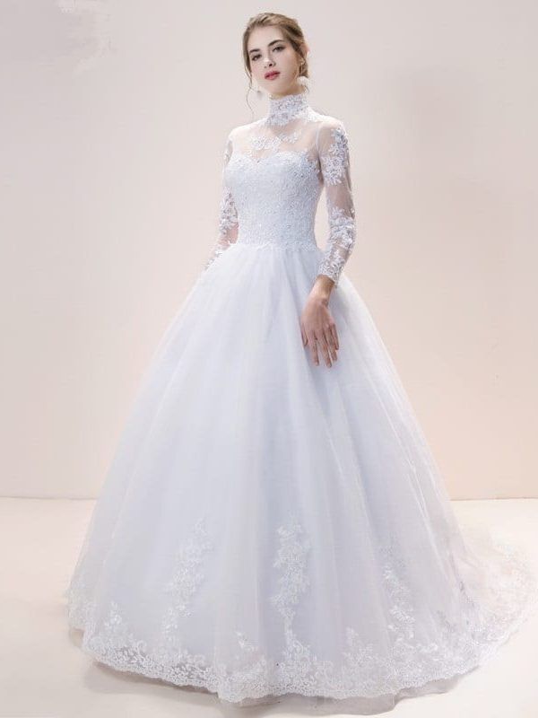 High Neck Iiiusion Lace Back Sweep Train Wedding Gown