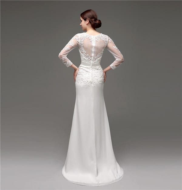 Floor-length V-neck Lace Chiffon Full Sleeves Wedding Dress