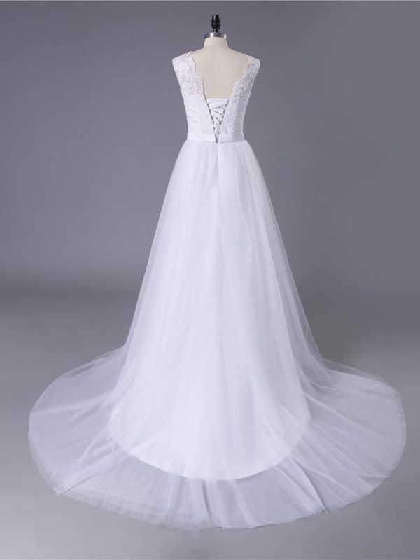 Lace Tulle O-neck A-line Boho Beach Wedding Dress