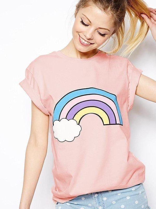 Rainbow Print Cotton Cute Pink T-shirt