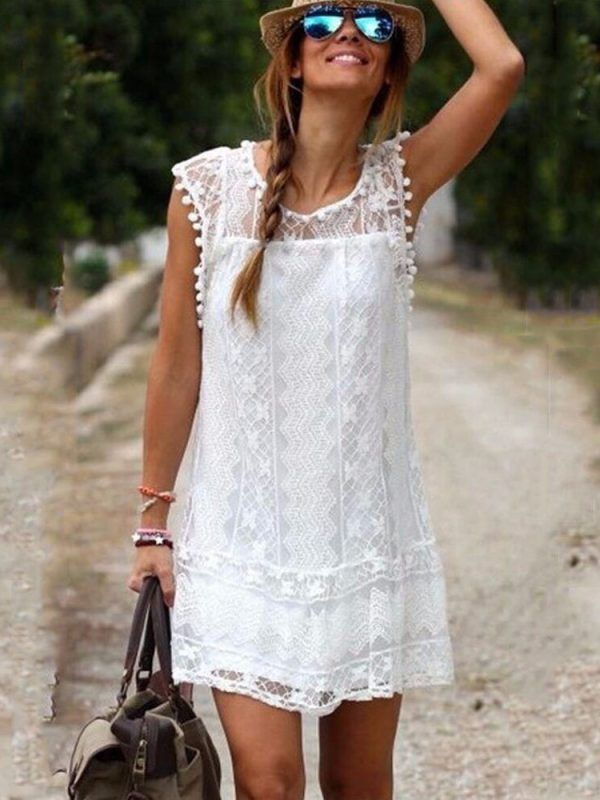 White Lace Sleeveless O-Neck Sexy Hollow Out Mini Dress in Dresses