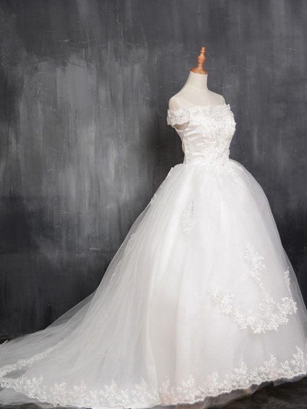A Line Short Sleeve Court Train Satin Bridal Wedding Dress