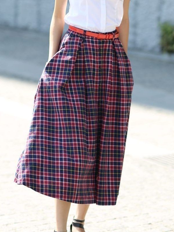 A-line Long Plaid Cotton Skirt