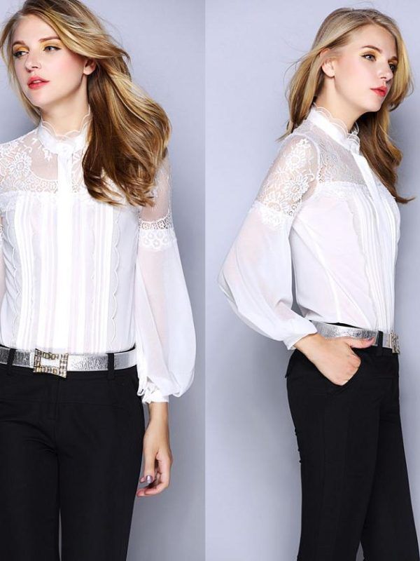 Lace Patchwork Long Sleeve Vintage Office Work Shirt