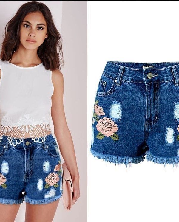 High Waisted Denim Floral Ripped Shorts