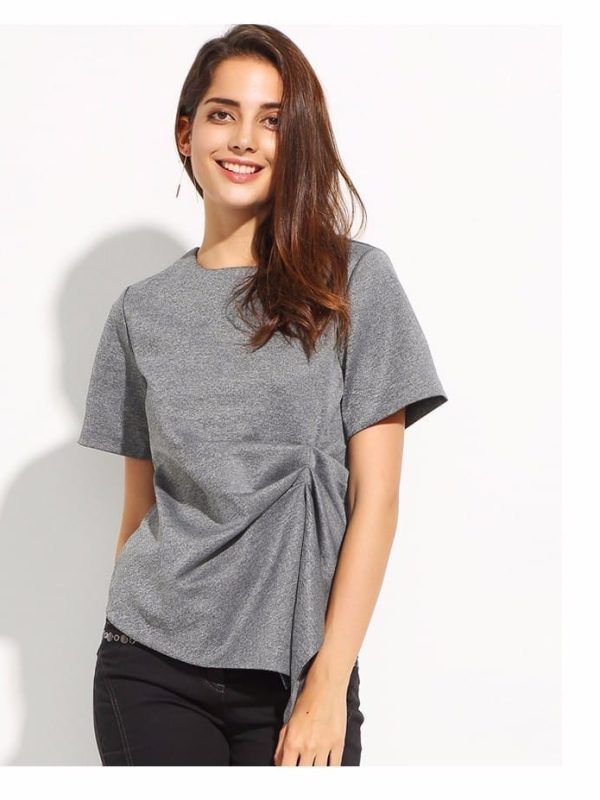 Short Sleeve O-Neck Irregular Pleated Top T-shirt in T-shirts & Tops