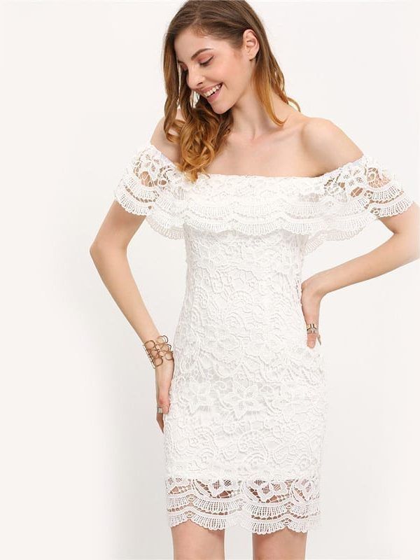 White Off The Shoulder Strapless Lace Ruffle Bodycon Dress