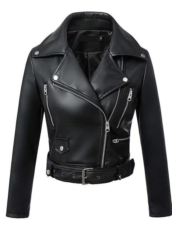 Black Zipper Long Sleeve Motorcycle Punk Faux Soft Leather Jacket Coat