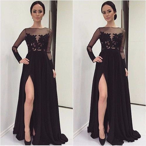 Black Long Sleeves High Slit Boat Neck Appliques Lace Chiffon Bridesmaid Dress in Bridesmaid dresses