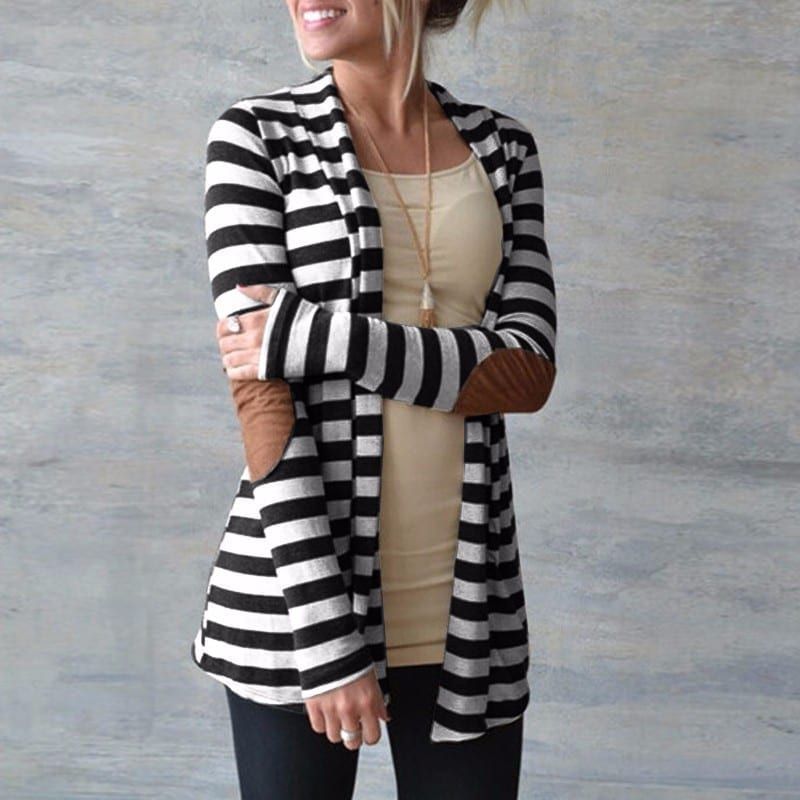 Long Sleeve Striped Printed Elbow Patchwork Knitted Sweater Cardigan