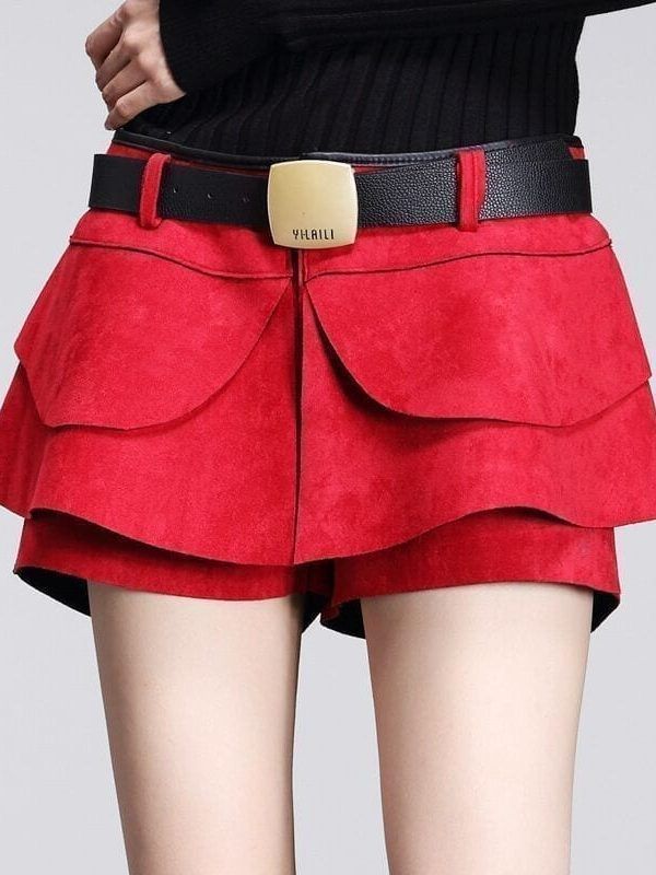 Suede Crochet High Waist Pleated Solid Shorts Skirt Boots
