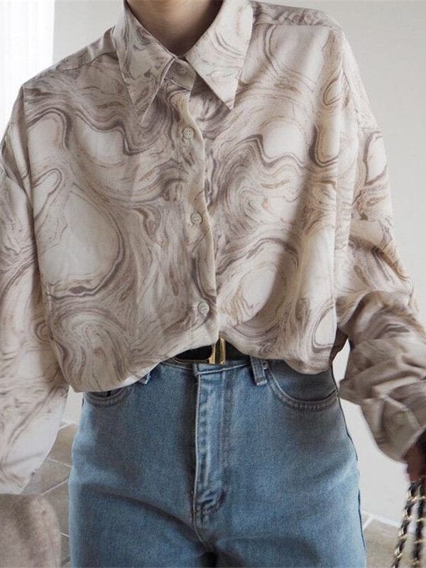 Vintage Loose Turn-down Collar Full Sleeve Women Blouse Top Shirt