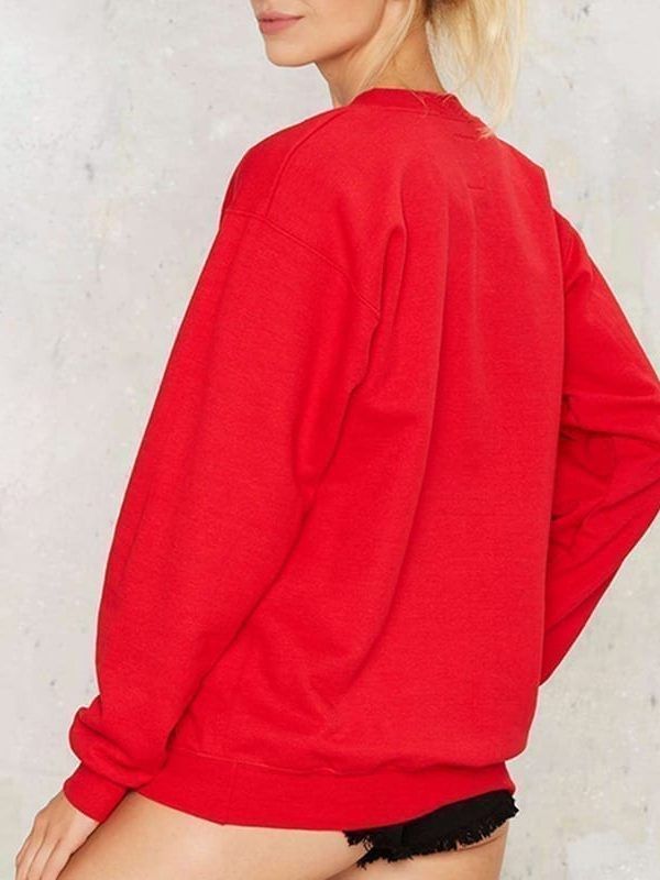 Red Brief Letters Print Loose Long Sleeve Crew Neck Pullover Sweatshirt in Hoodies & Sweatshirts
