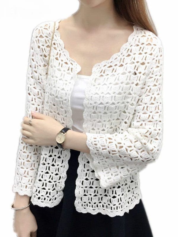 Crochet White Lace Hollow Out Knitted Cardigan Blouse in Sweaters