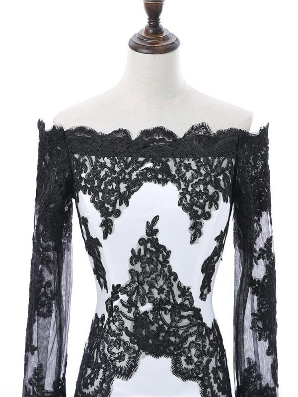 Black White Sheath Long Sleeves Knee Length Satin Appliques Lace Elegant Cocktail Dress