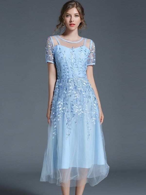 Elegant Mesh Short Sleeve Sky Blue Flower Dress