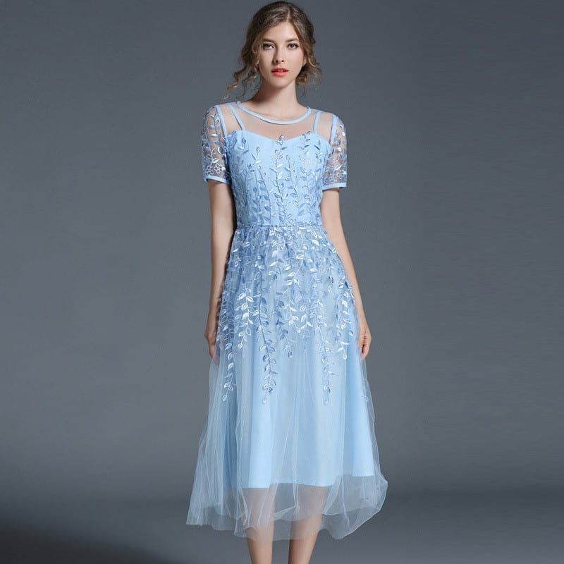 Elegant Mesh Short Sleeve Sky Blue Flower Dress