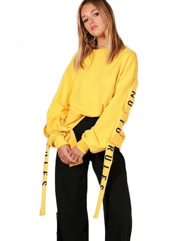Yellow Full Sleeve Lace Up Split Letter Print Sweatshirt