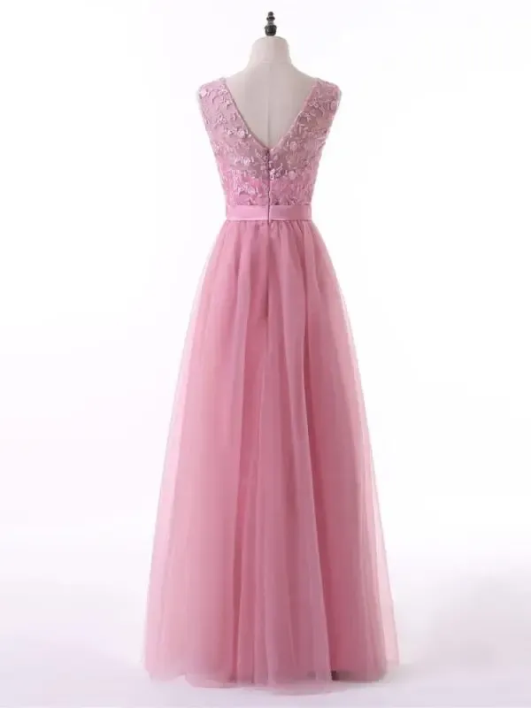 Pink A-line V-neck Cap Sleeves Tulle Embroidery Long Bridesmaid Dress