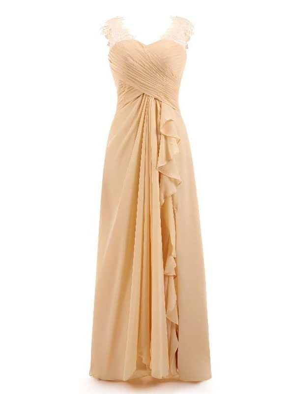 Beige Pleat Lace Floor-length Bridesmaid Dress