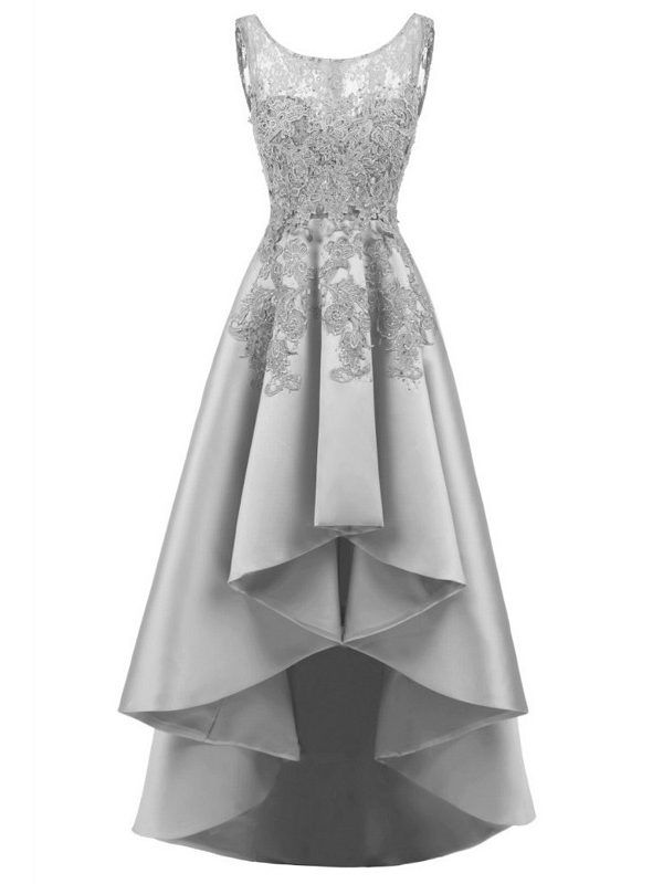 Asymmetrical Satin Lace Appliques Crystal Bridesmaid Dress