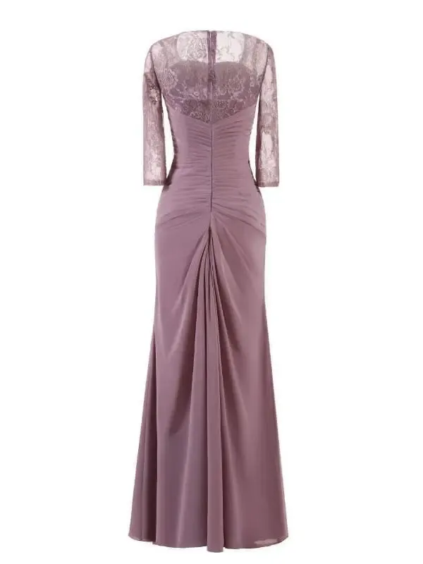 Elegant Lace Pleat Lavender Purple Vintage Long Evening Bridesmaid Dress