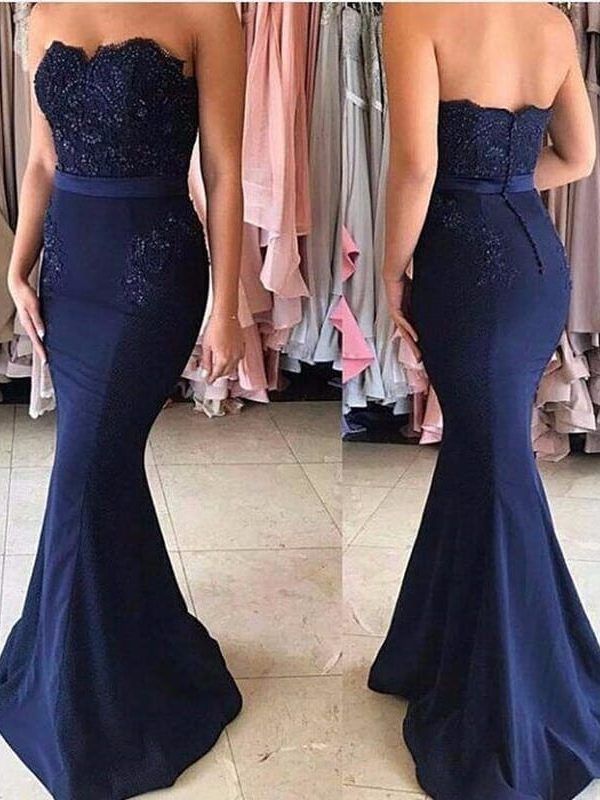 Navy Blue Lace Appliques Off The Shoulder Mermaid Long Maid Of Honor Bridesmaid Dress