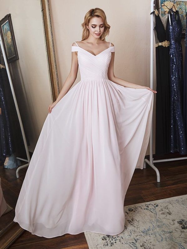 Elegant Cap Sleeve Pink Chiffon Long Bridesmaid Dress