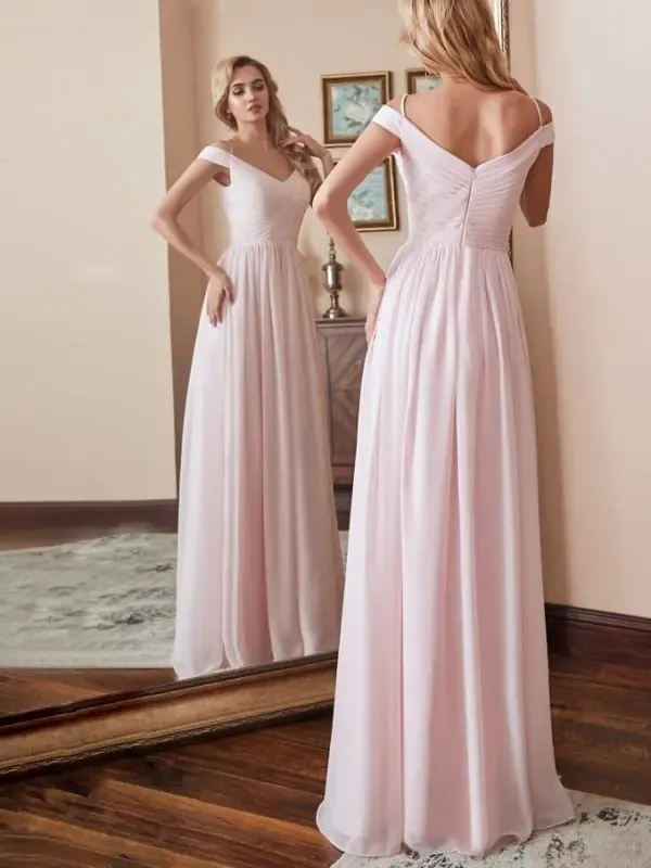 Elegant Cap Sleeve Pink Chiffon Long Bridesmaid Dress