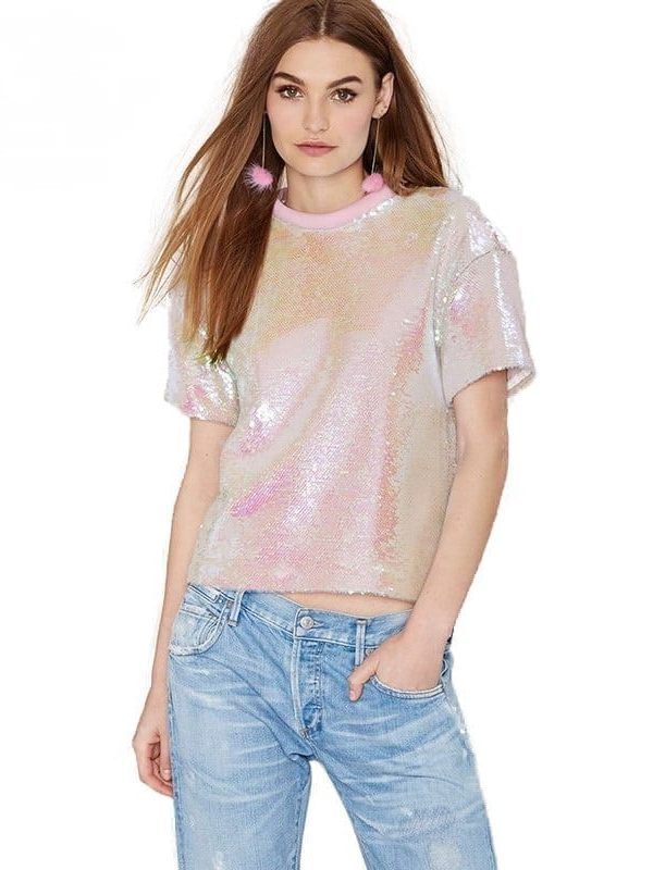 Sequined O-neck Short Sleeve Loose Top T-shirt