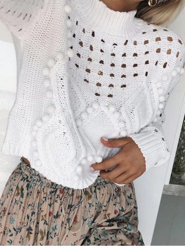 White Black Long Sleeve Hollow Out Knitted Sweater
