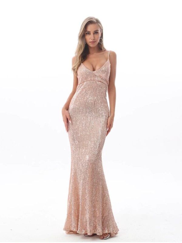 Sequin Hollow Out Padded V Neck Backless Floor Length Mermaid Dress
