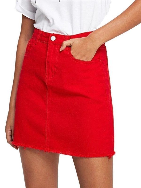 Frayed Hem Pockets Denim Red Mid Waist A Line Skirt