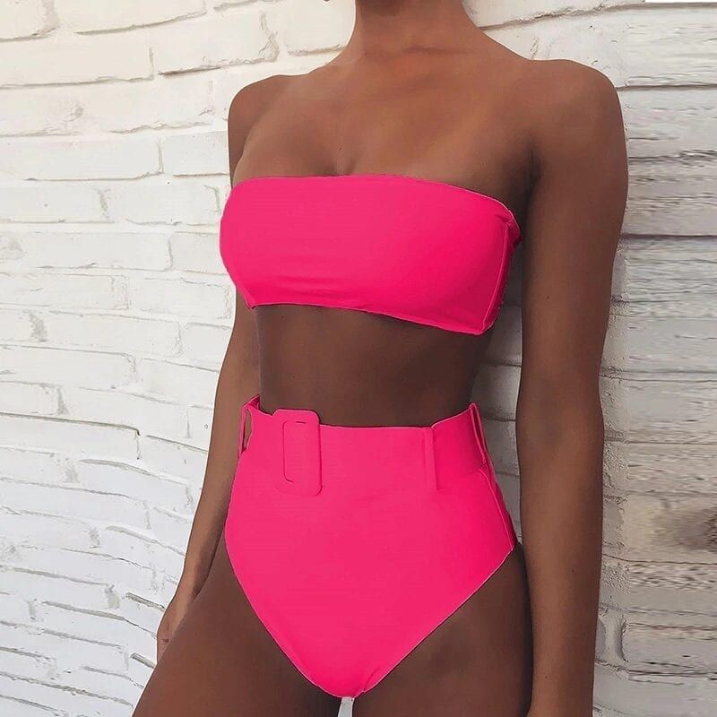 Pink High Waist Bandeau Bikini Set