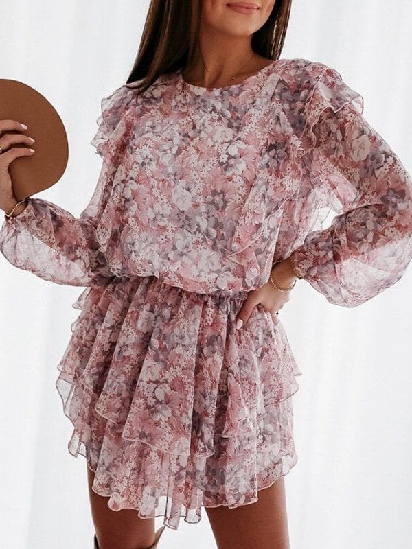 Elegant Floral Print Puff Sleeve A-line Chiffon High Waist Sash Work Office Pink Dress
