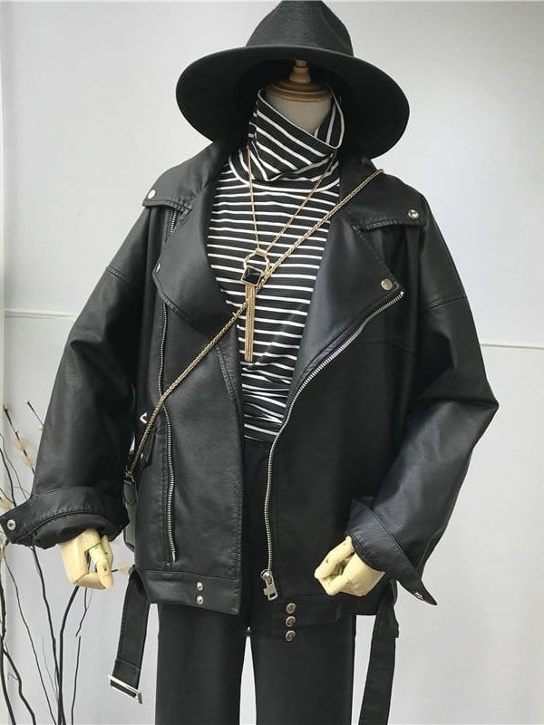 Black PU Leather Loose Turn-down Collar Zipper Wild Jacket in Coats & Jackets