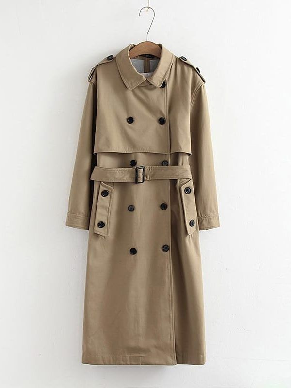Casual solid color double breasted coat - Beige, S in