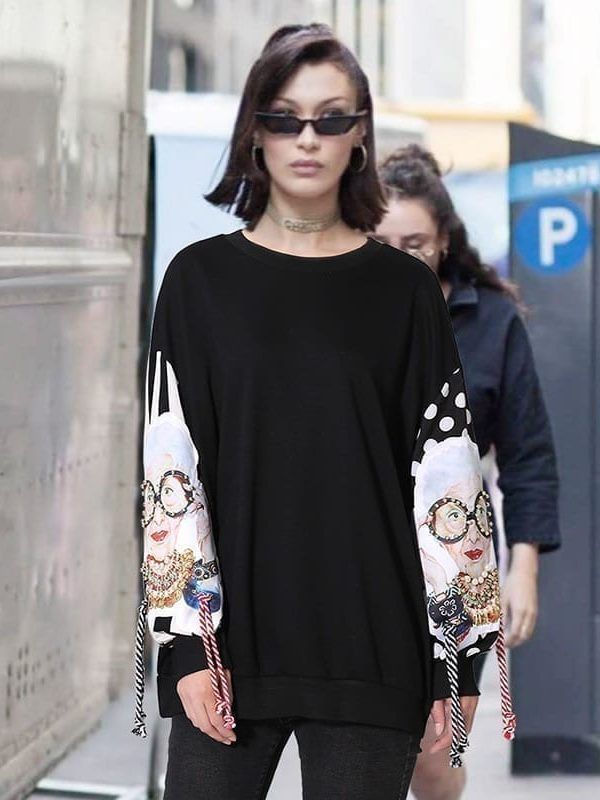 Black Long Sleeve Patchwork Print Tassel Pullover in Hoodies & Sweatshirts