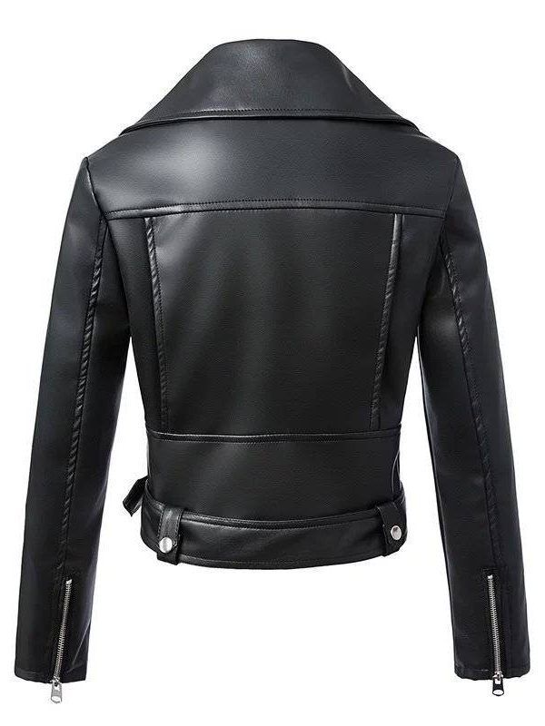 Black Faux Leather Zipper Turn-down Collar Motor Biker Jacket in Coats & Jackets