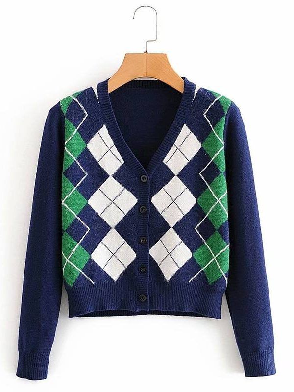 Vintage geometric rhombic cardigan sweater