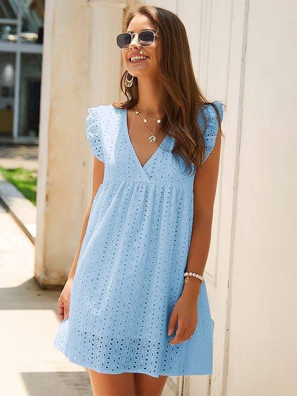 Hollow Out V Neck Butterfly Sleeve Loose Dress in Dresses