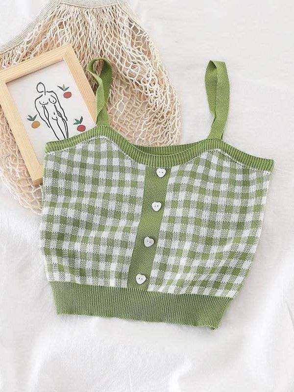 Sleeveless plaid crop top with buttons