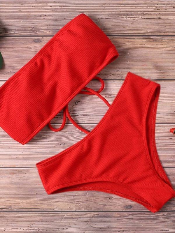 High Waist Strapless Pure Color Padded Bikini Swimsuit in Swimsuits