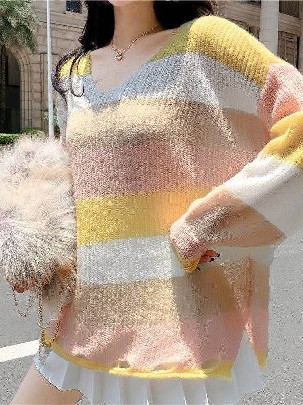 V Neck Long Sleeve Rainbow Striped Knitted Loose Pullover Sweater in Sweaters