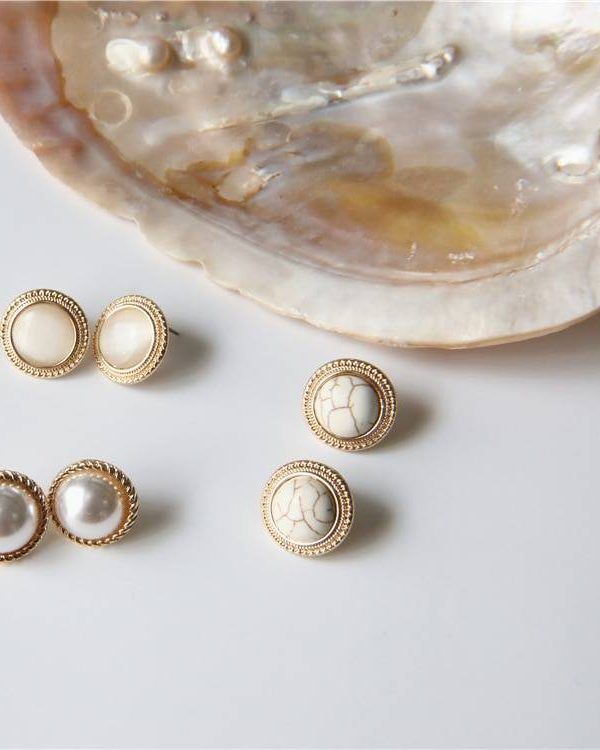 Vintage Round Marble Opal Stone Big Stud Earrings in Earrings