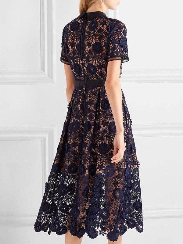 Elegant Short Sleeve Flowers Embroidery Lace Dress in Dresses