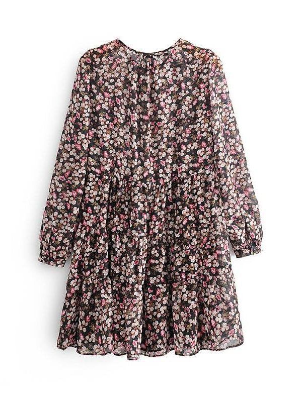 Long Sleeve O Neck Loose Floral Print Pleated Dress in Dresses
