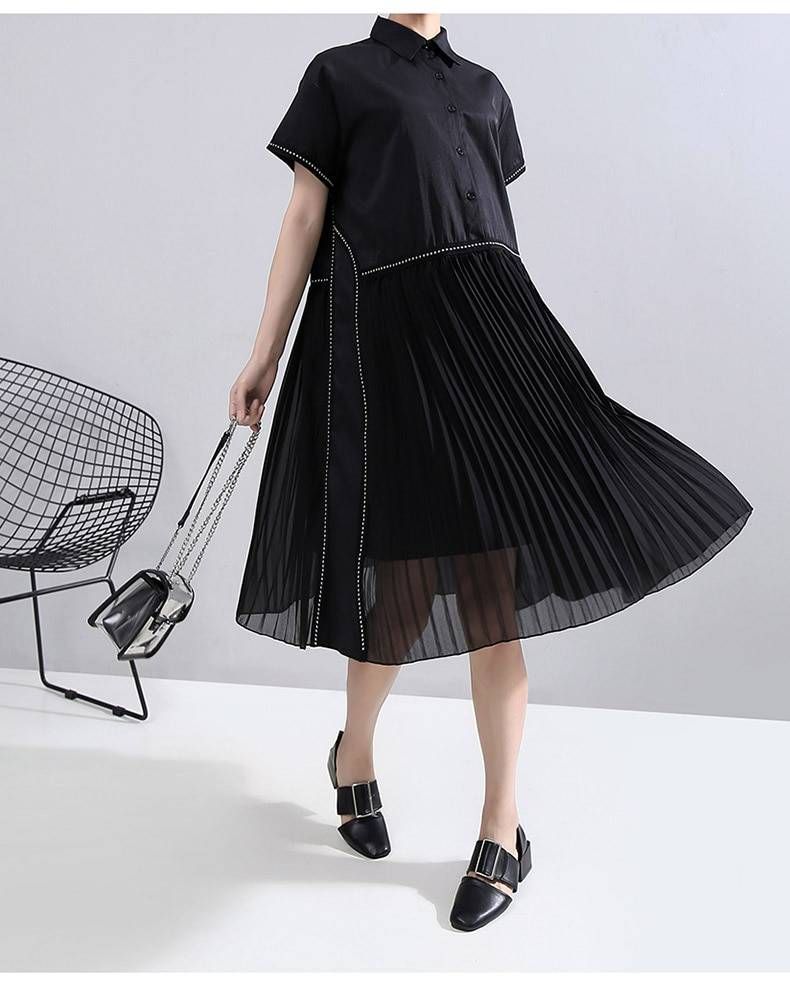 Black Pleated Hem Lapel Shirt Dress in Dresses