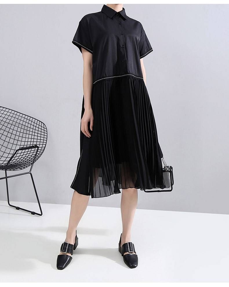 Black Pleated Hem Lapel Shirt Dress in Dresses