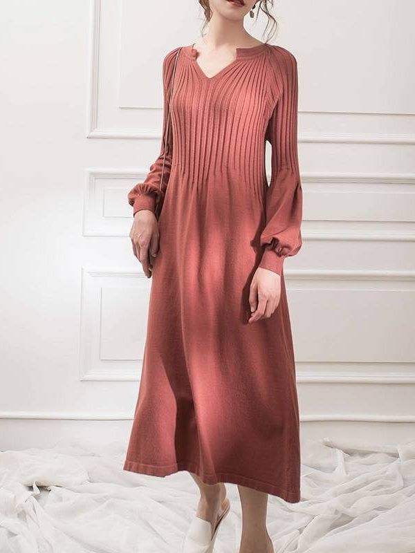 Knitting V-Neck Solid Color Retro Dress in Dresses